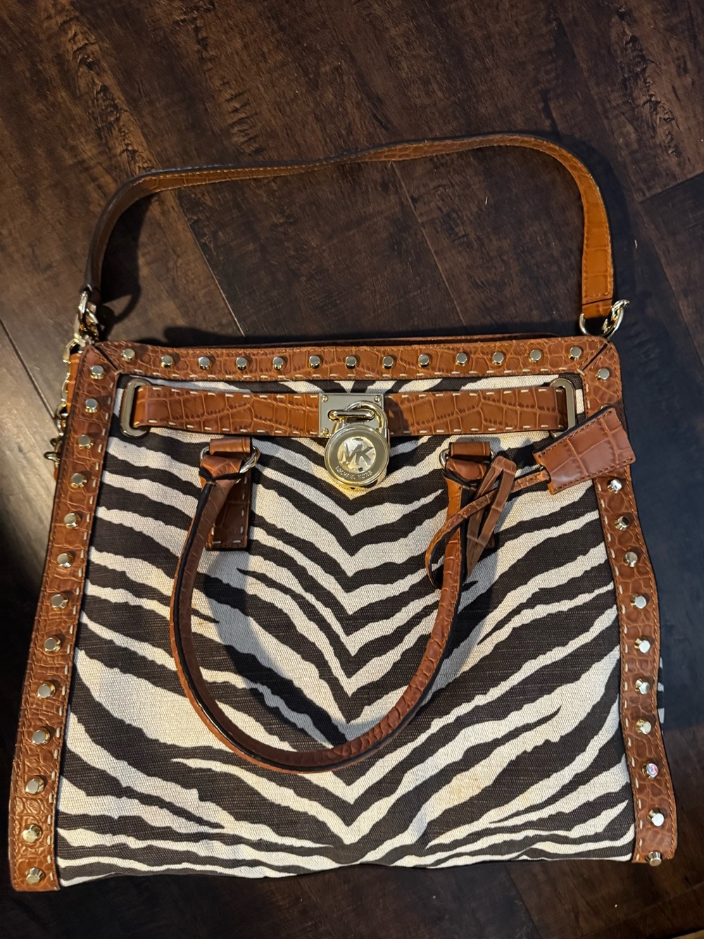Michael Kors Zebra Print Studded Tote Satchel Brown Leather 30S4GTKT7R